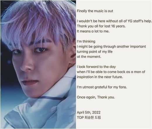 Big Bang&#8217;s TOP composes a thank you note and farewell